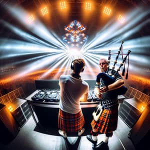 Dynamic EDM Festival Performance with Bagpipe Player