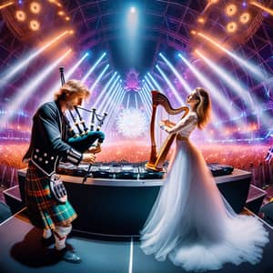 Epic EDM Festival Scene with DJ and Bagpipe Player