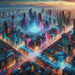 Futuristic Cityscape at Dusk: Vibrant Cyberpunk Aesthetic