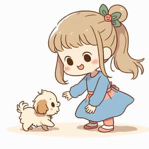 Cute Cartoon of Girl Playing with Dog