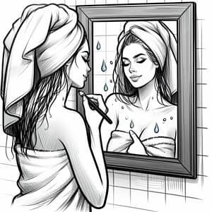 Woman in Fluffy Towel Admiring Reflection | Bathroom Scene