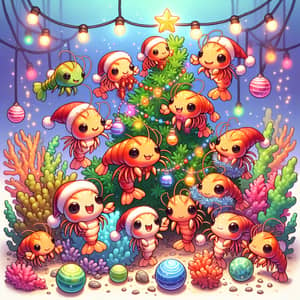 Kawaii Baby Shrimp Celebrate Christmas Underwater