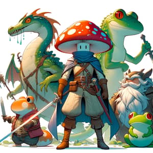 Fantastical Mushroom Swordsman and Companions in Extraordinary Setting