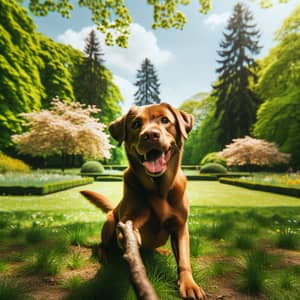 Playful Labrador Retriever Fetching Stick in Lush Green Park