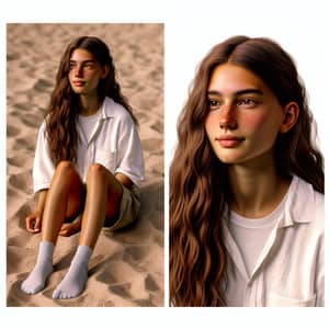 8K Raw Image of Female College Student on Sandy Beach - Photorealistic Rendering