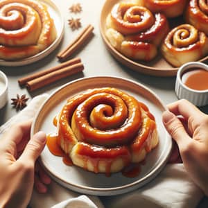 Homemade Caramel Cinnamon Scrolls on a Plate