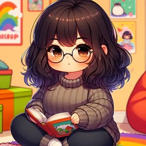 Charming Dark-Haired Girl with Glasses in Cozy Room