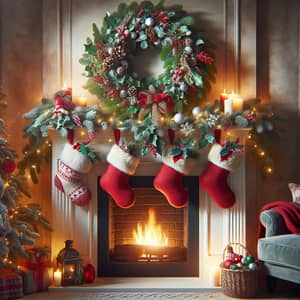 Cozy Christmas Fireplace with Vibrant Stockings and Wreath