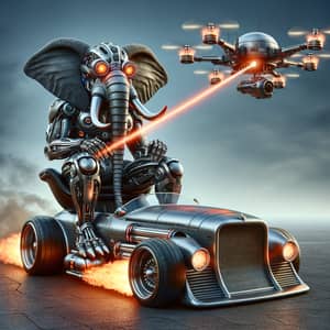 Cyborg Elephant on Rocket Car - Futuristic Scene with Laser Beams