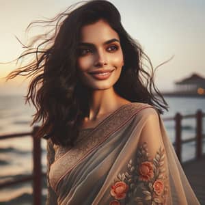 Elegant South Asian Woman in Saree at Sunset