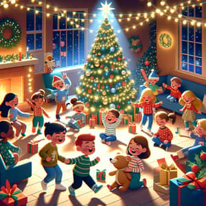 Joyful Kids Playing Around Christmas Tree | Fun Holiday Scene