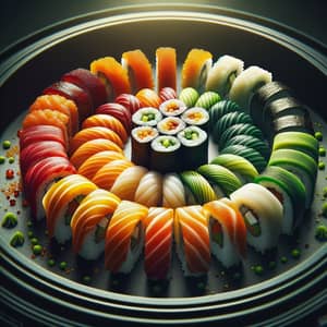 Vibrantly Colored Sushi Roll on Circular Plate | Japanese Cuisine