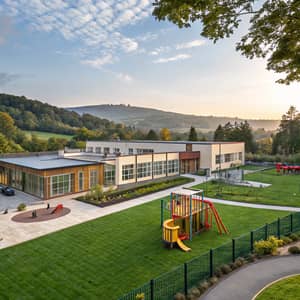 Modern School with Beautiful Yard & Background