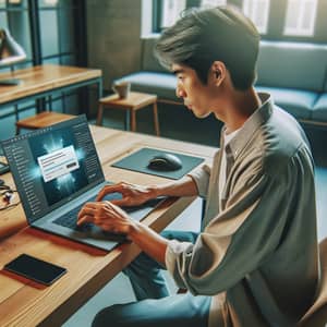 East Asian Man Operating Laptop with Software Installation Progress