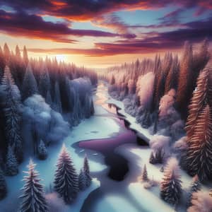 Tranquil Winter Forest Scene with Frozen River and Sunset Sky