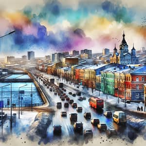 Vibrant Cityscape of Barnaul: Traditional Watercolor Painting