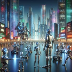 Futuristic Robots in a High-Tech Cityscape