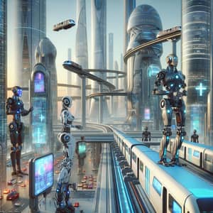 Futuristic Robots in a High-Tech Cityscape