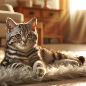 Grey and Black Striped Domestic Short-Haired Cat on Fluffy White Rug