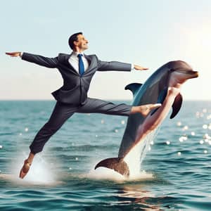 Middle-Aged Man Dancing with Dolphin in the Ocean