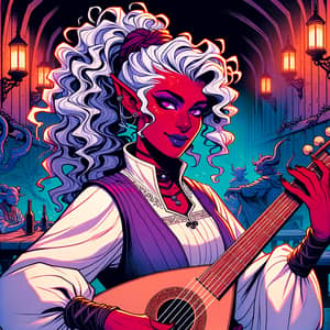 Hispanic Tiefling Musician in Rogue Attire Playing Lute