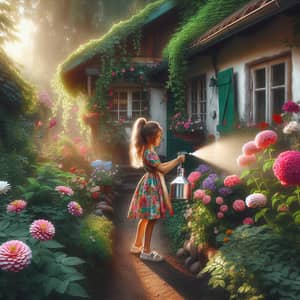 Summer Garden Scene: Young Girl Spraying Flowers in Rustic Setting