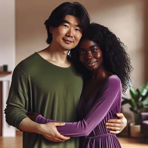 Asian Man Hugging Black Woman - Embracing Happiness and Love