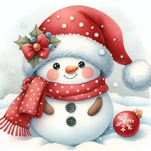 Cute Watercolor Snowman in Santa Hat Illustration