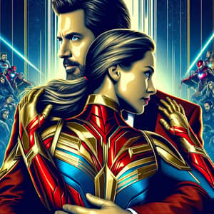 Iron Man Movie Poster: Tony Stark in Red and Gold Armor Embracing Woman in Blue Suit