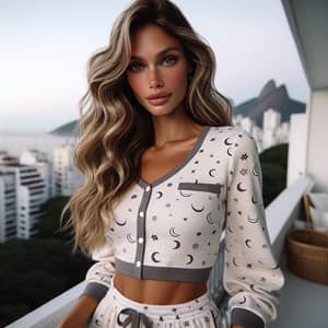 European Woman in Nice Theme Pyjamas on Rio de Janeiro Balcony