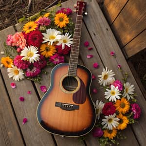 Beautiful Acoustic Guitar Surrounded by Flowers