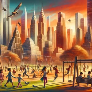 Futuristic Cityscape at Sunset: Urban Life Diversity