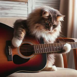 Engrossed Cat Playing Acoustic Guitar | Musical Feline Serenade