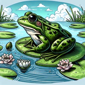 Vibrant Green Frog on Lily Pad in Calm Pond