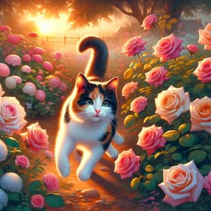 Playful Calico Cat Frolicking in Rose Garden at Sunset