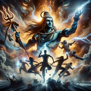 Mystical Hindu Deity Shiva Hurling Trident with Intense Will