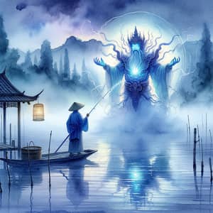 Asian Fisherman Encounter with Divine Being on Misty Lake