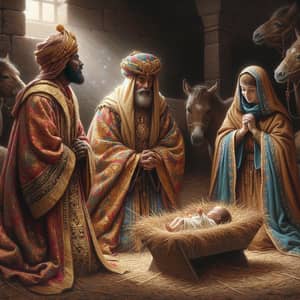 Three Wise Men Worshiping Infant in Manger Painting