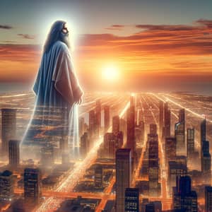 Ancient Figure Over Modern Cityscape | Spiritual Presence