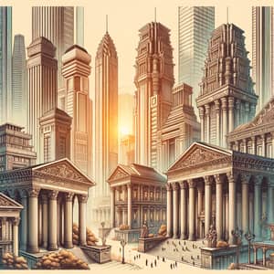 Monumental Ancient Temples in Cityscape Illustration