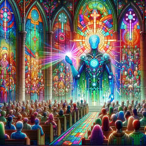 Futuristic Stained Glass Window | Diverse Congregation & AI Deity