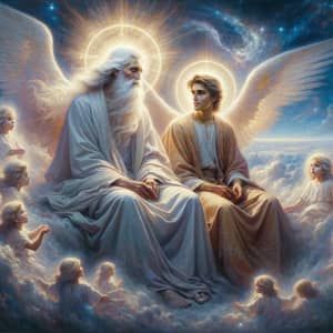 Spiritual Oil Painting of God and Son in Heavenly Scene