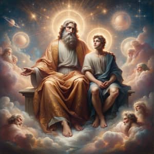 Divine Middle Eastern Deity and Son in Celestial Throne Portrait