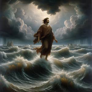 Tranquil Male Walking on Turbulent Sea in Historical Oil Painting