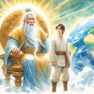 Mature Asian Man on Golden Throne and Kind-Hearted Mixed-Race Man Admiring Earth