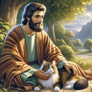 Serenity and Compassion: Biblical Figure with Traditional Attire and Cat