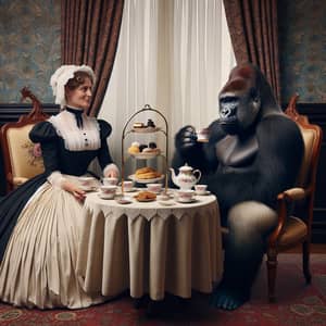 Gorilla and Victorian Woman: A Tea Party Surprise