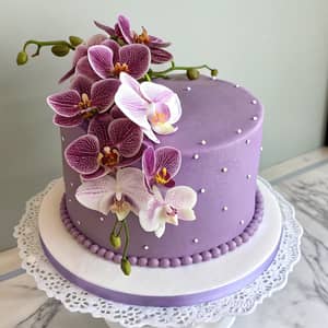 Purple Birthday Cake with Orchid Flowers