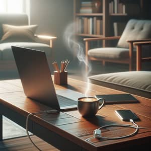 Cozy Workspace with Laptop and Coffee on Wooden Table