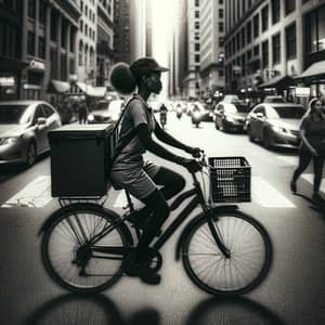 Black Female Delivery Person on Bicycle in City Streets